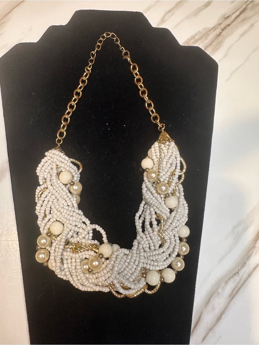 Gold-Tone White Beaded Statement Necklace